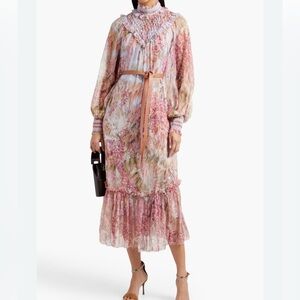 Zimmermann Pink Floral Smocked High-Neck Maxi Dress